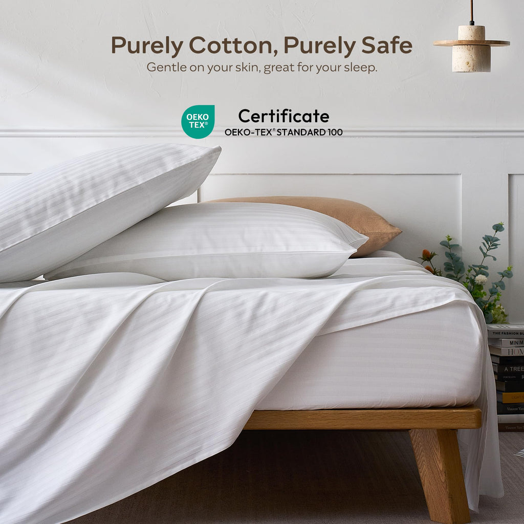 100% Cotton Sheet Set, White Sateen Striped, Queen