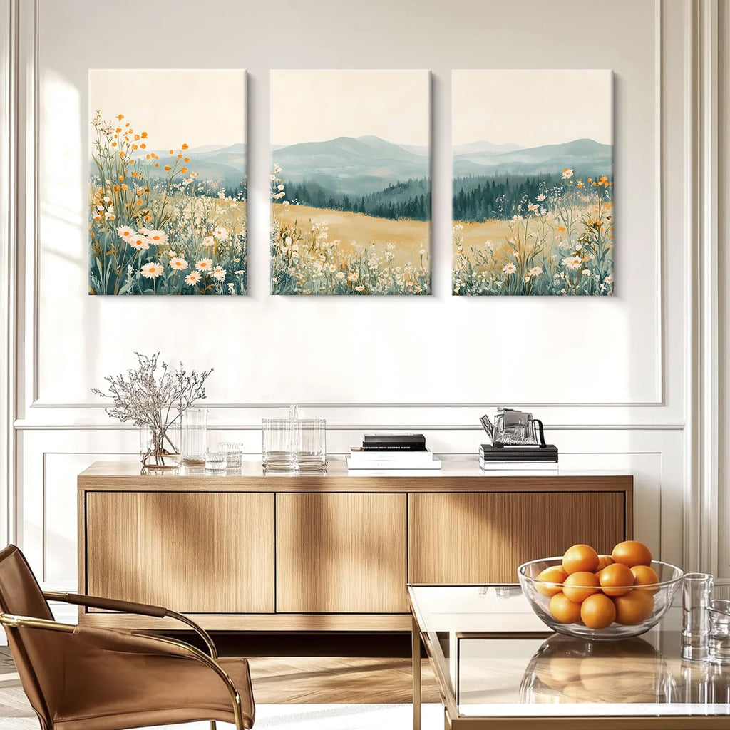 Boho Mountain Flower Wall Art Green Daisy Landscape Canvas Wall Decor Abstract Wildflower Art Prints Watercolor