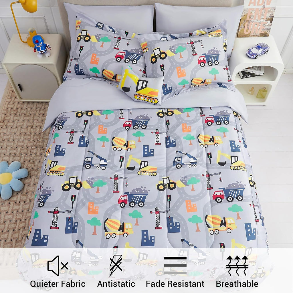 Kids Twin Comforter Sets for Boys 6 Pieces Excavator Grey Bedding Set for Teens Soft Microfiber Kids Bed in A Bag