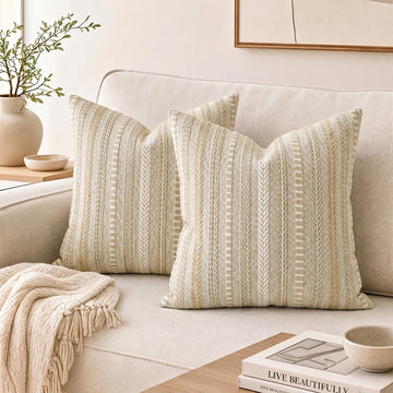 Natural Beige Boho Decorative Throw Pillow Covers Set of 2, 22 x 22 Inch Woven Stripe Textured Rustic Cushion Case