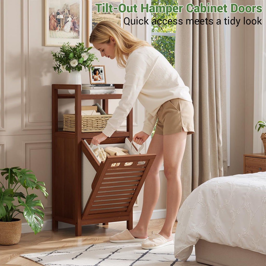 Bamboo Tilt Out Laundry Hamper Cabinet with Removable Bag, Walnut