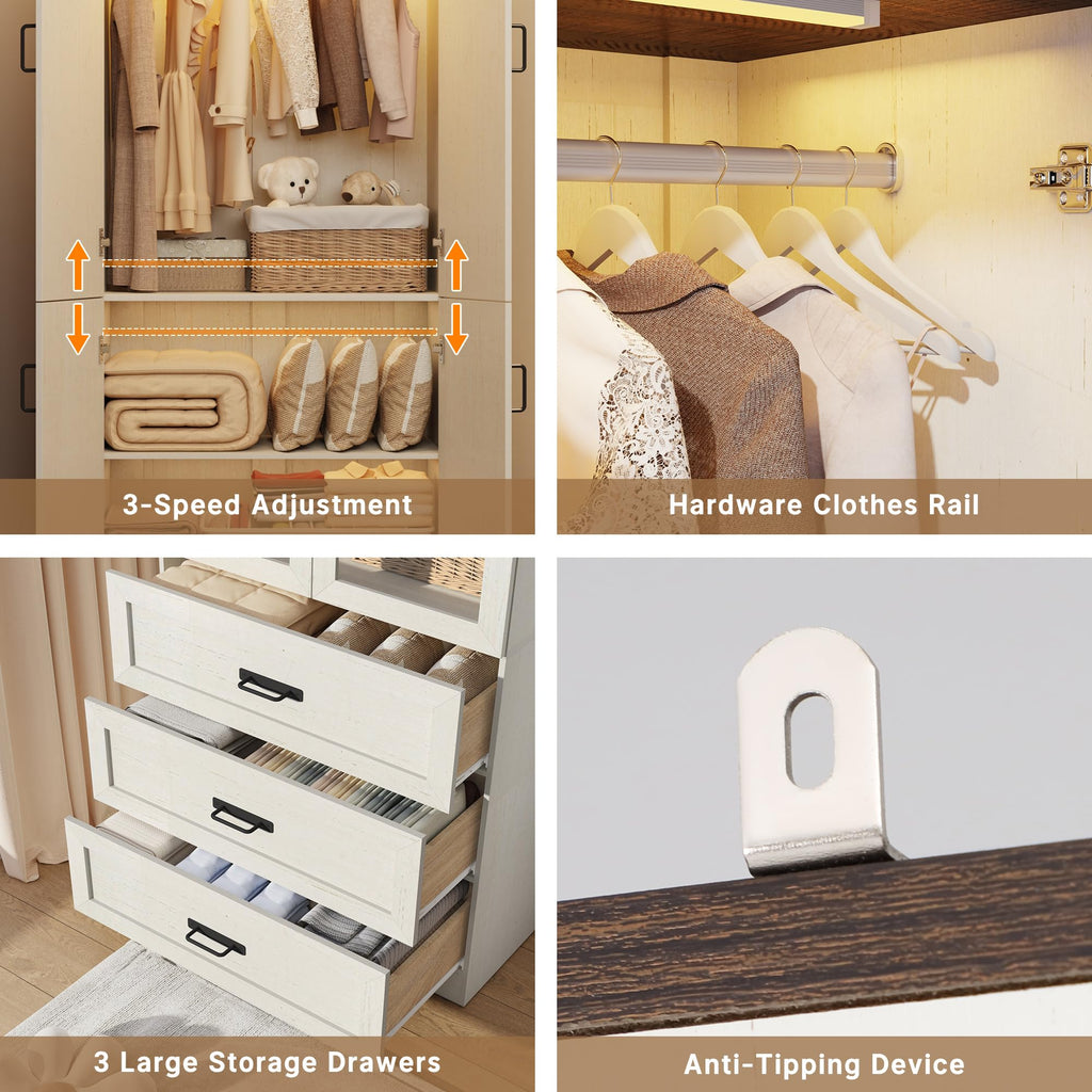 75" Tall Farmhouse 6 Doors Armoire Wardrobe Closet with 3 Drawers and LED, Freestanding Closet Wardrobe Cabinet with