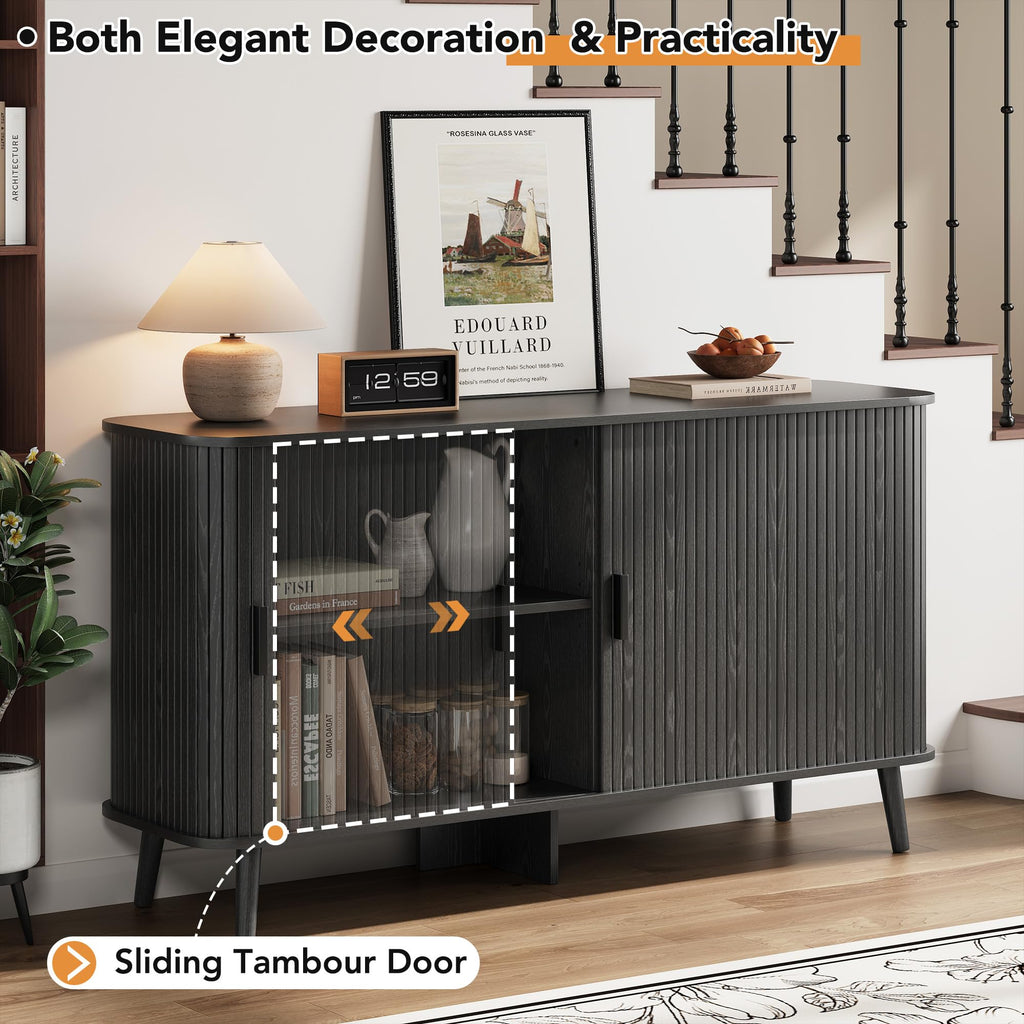 55" Fluted Sideboard Buffet Cabinet with Sliding Door, Mid-Century Modern Wood Sideboard, Adjustable Shelf, Coffee