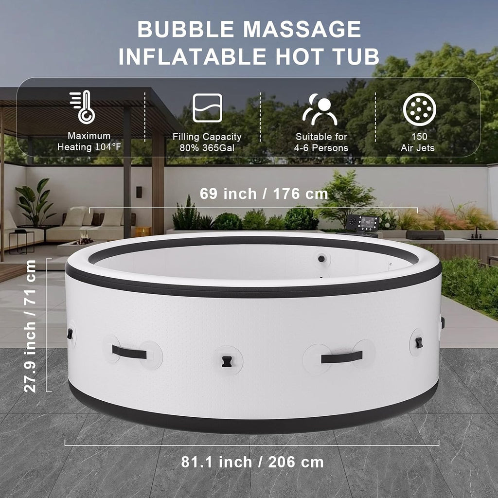 4-6 Person Round Inflatable Hot Tub, Portable Outdoor Spa with Max 104 °F Thermostatic Heating, Auto Inflation, 6 LED