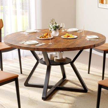 55 Inch Round Dining Table for 4-6, Rustic Brown