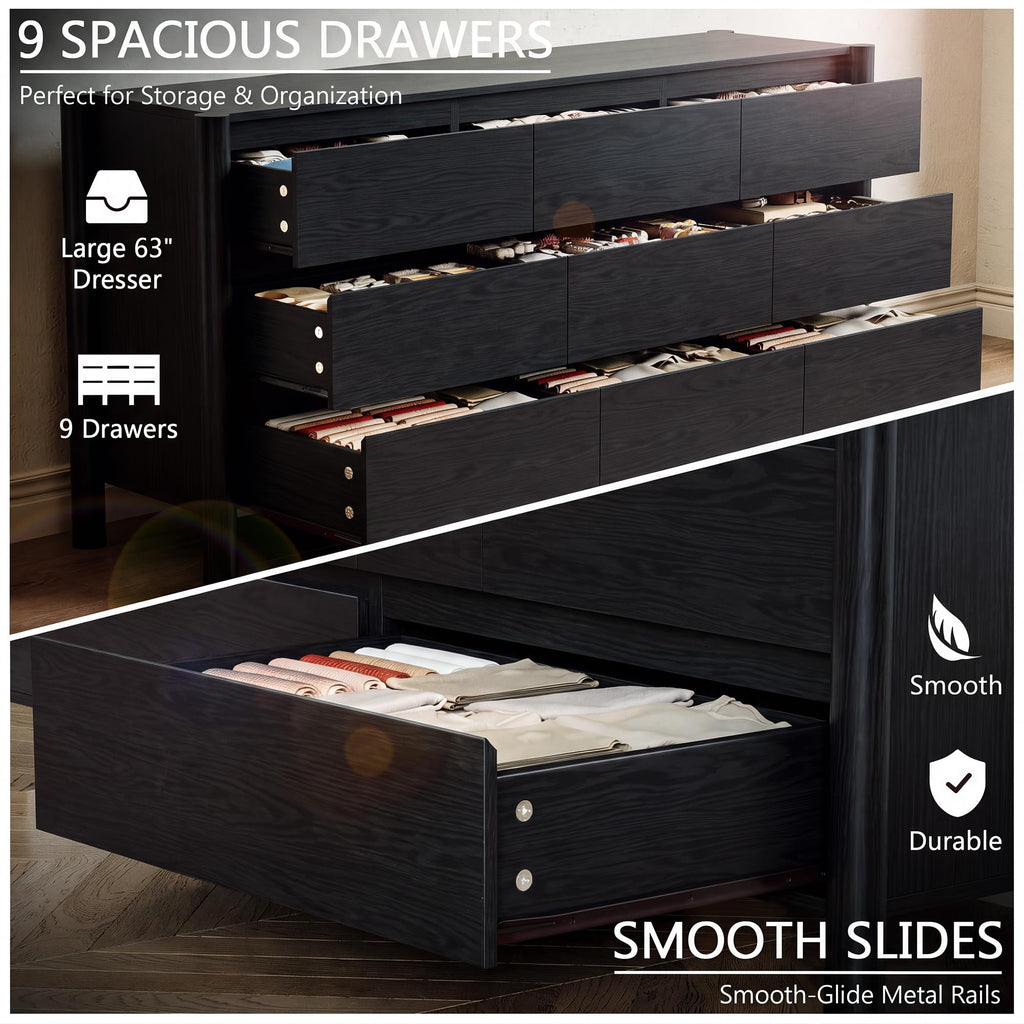 Black Dresser, 63" Wide 9 Drawer Mid Century Modern Chest