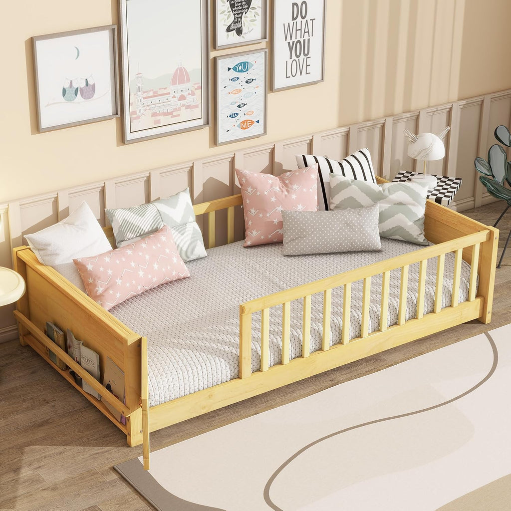 Montessori Floor Bed with Side Bookshelf, Natural, With Door