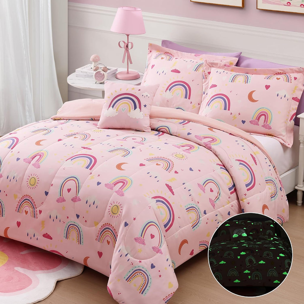 Glow in The Dark Twin Comforter Set for Girls, Pink Rainbow Bedding Set for Kids 1 Comforter, 1 Decor Pillow, 1