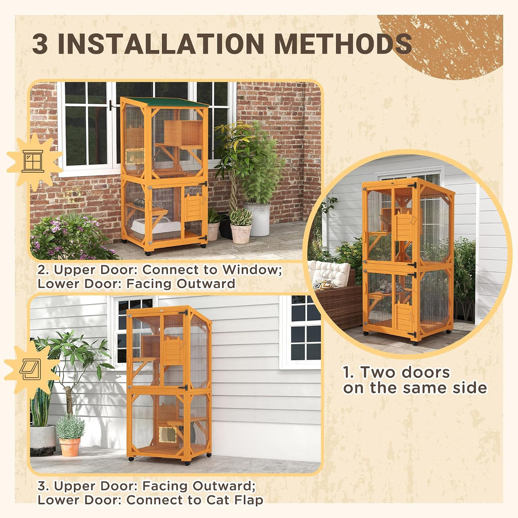 Wooden Catio with Waterproof Roof, Large Cat House with High-Up Resting Box, Indoor & Outdoor Cat Enclosure