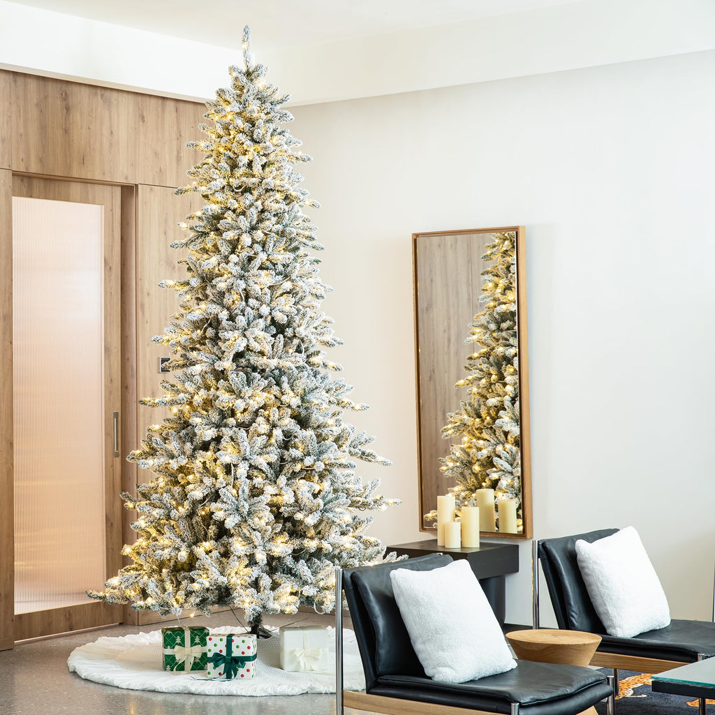 10ft Pre-Lit Flocked Fir Artificial Christmas Tree with 750 Warm White Lights, Full Size Large Xmas Tree for Holiday