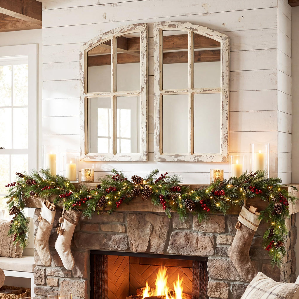 Farmhouse Mirror, Decoration Wood Arch Window Wall Mounted Mirror