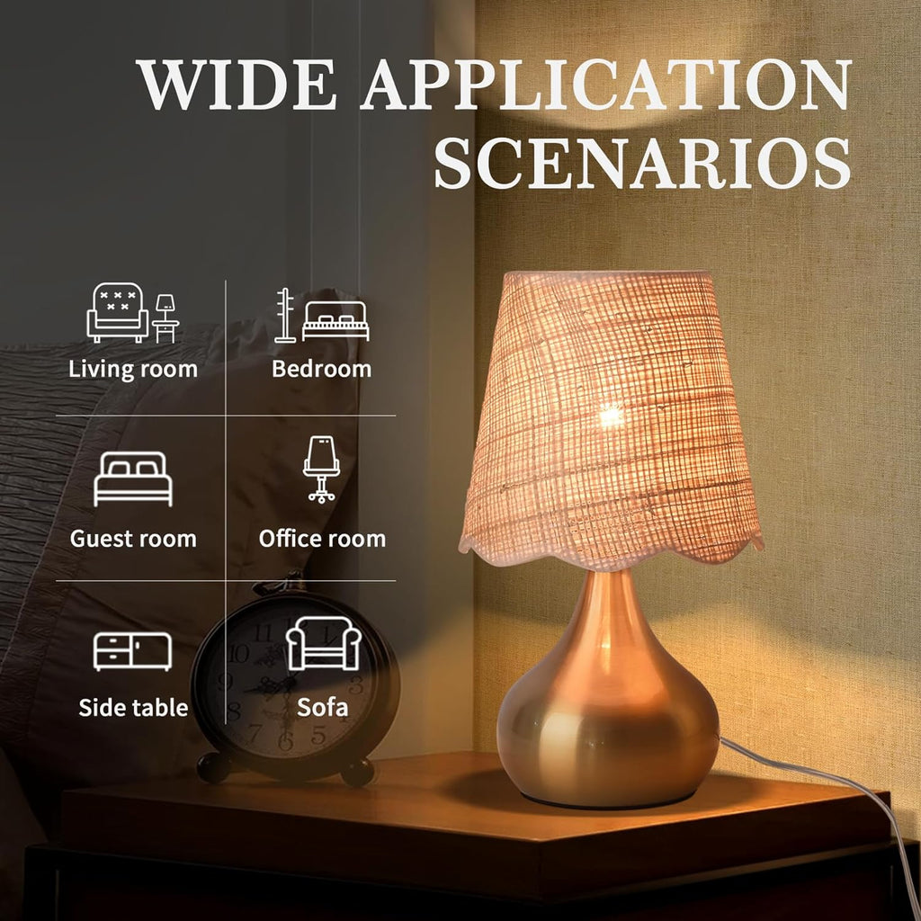 Gold Small Bedside Table Lamp, Brass Gold Mini Table Lamps for Nightstand, Rattan Shade Table Lamps for Small Spaces