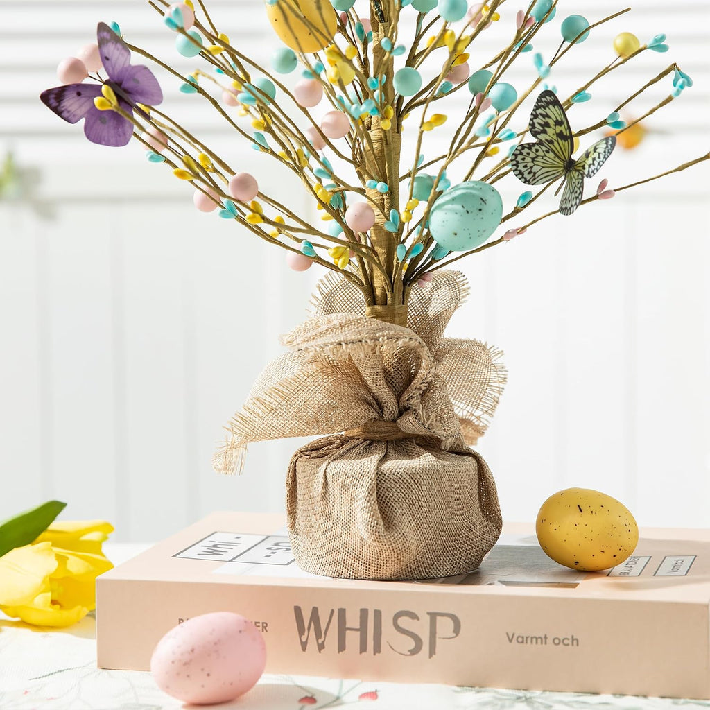 Easter Eggs Table Tree with Burlap Base Decorative Table Tree Decor for Spring Easter Party Supplies Props,18" H