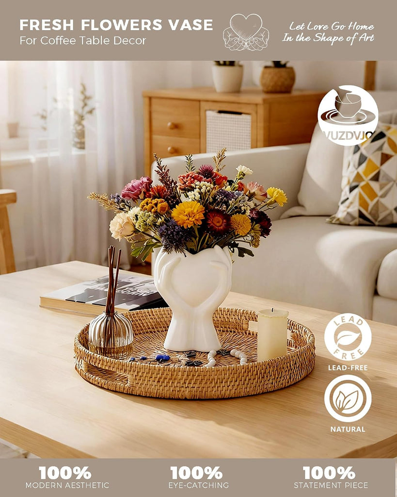 A Heart Held in Two Hands White Vases for Flowers - Cute Modern Small Ceramic Flower Vase for Pampas Grass
