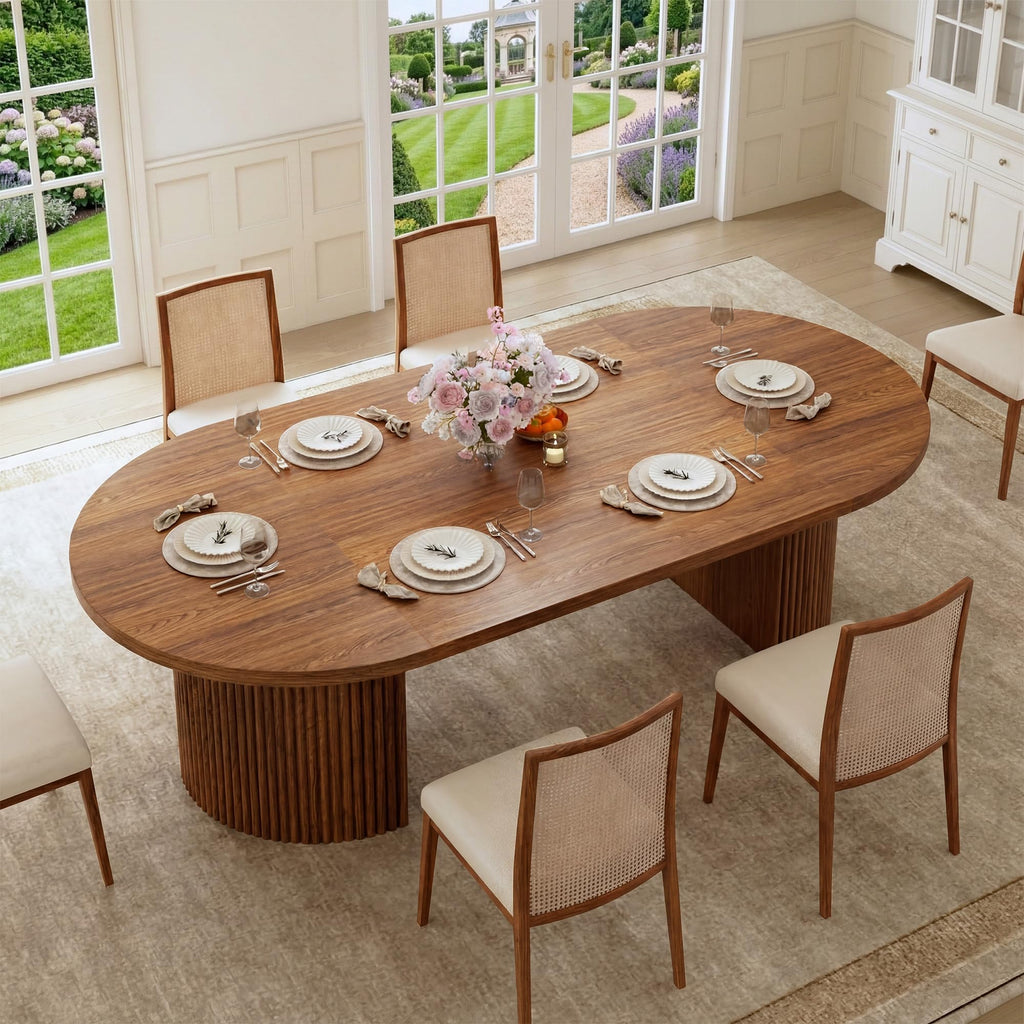 Extendable Round Dining Table for 4-8, 39in-77in Long Large Kitchen Table with Fluted Base, Space Saving Modern