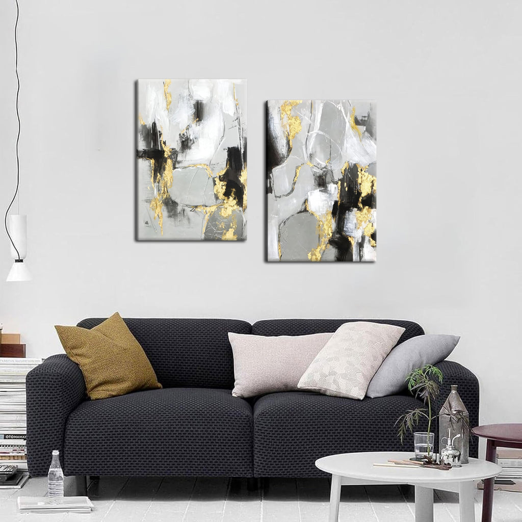 Framed Abstract Black Gold Wall Art Set of 2, Modern Black White Gold Canvas Prints Poster Picture Bedroom Office