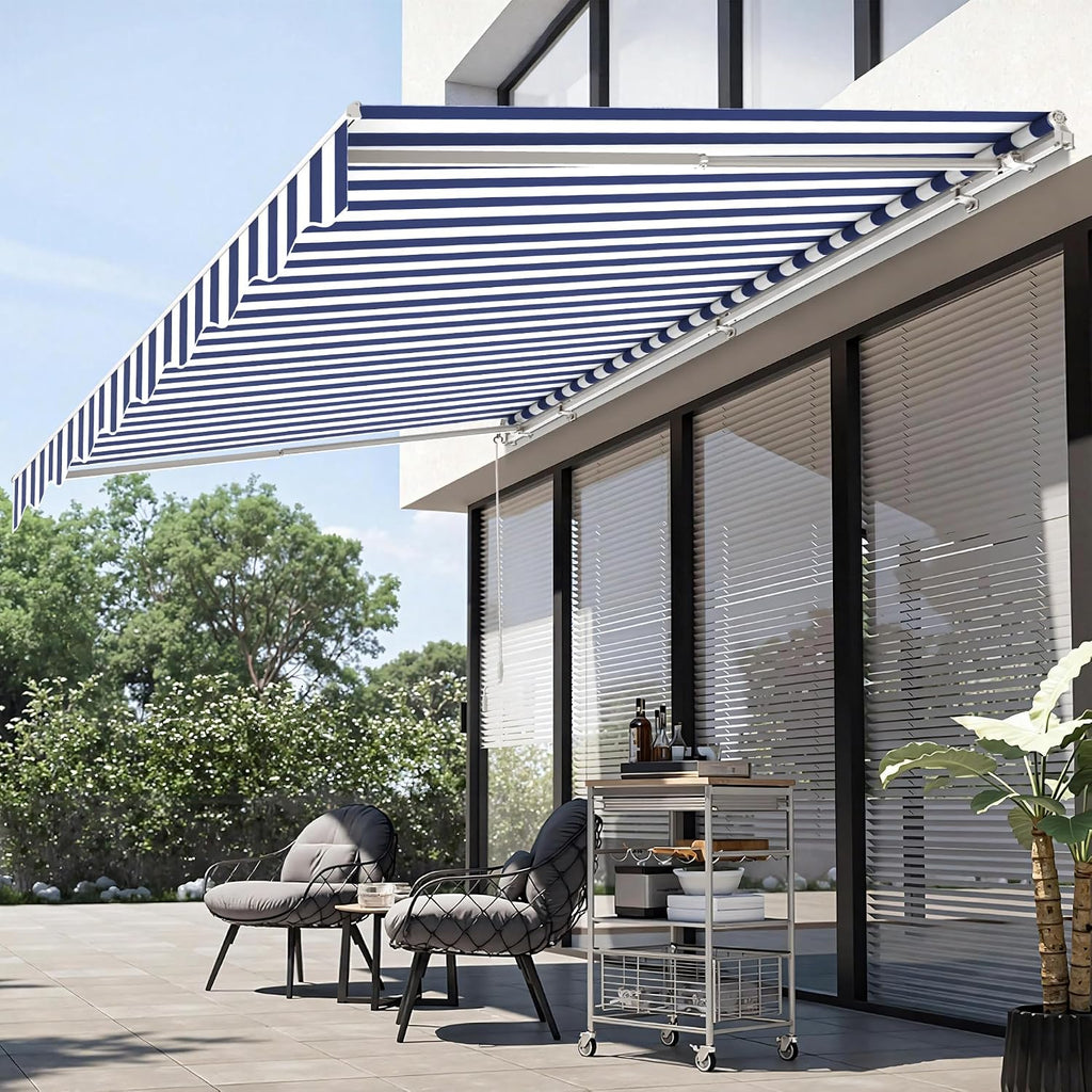 11.5x9.5 Feet Manual Retractable Patio Door Window Awning Sunshade Shelter Outdoor Canopy,1210 (Ocean Blue with White