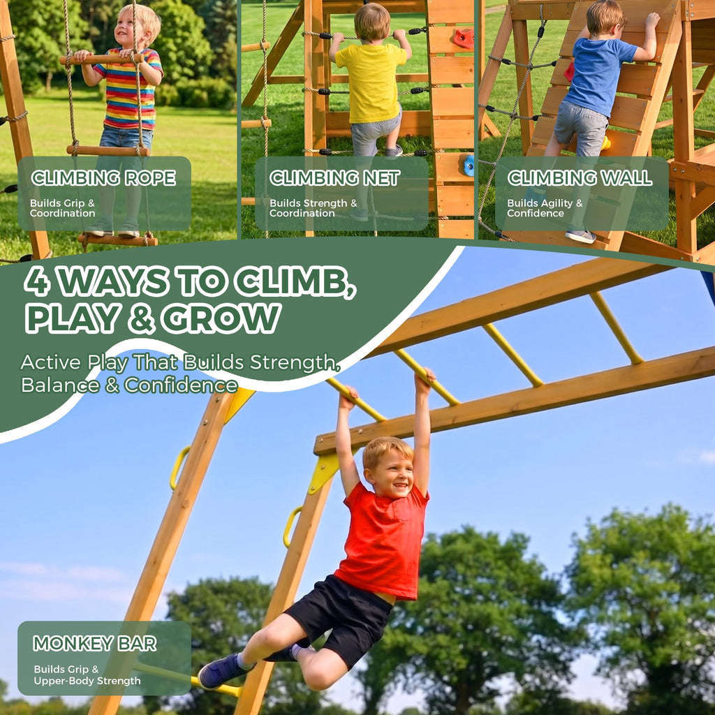 Wooden Swing Sets for Backyard, Outdoor Playset with Climbing System
