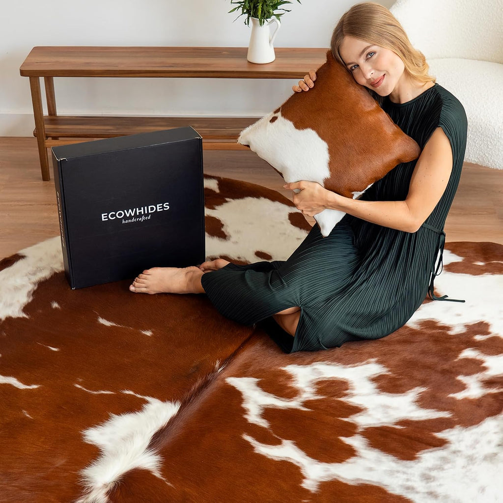 100% Genuine Brazilian Cowhide Rug - Brown and White - Luxury Cowskin Leather Area Rug Décor 7 x 6 feet