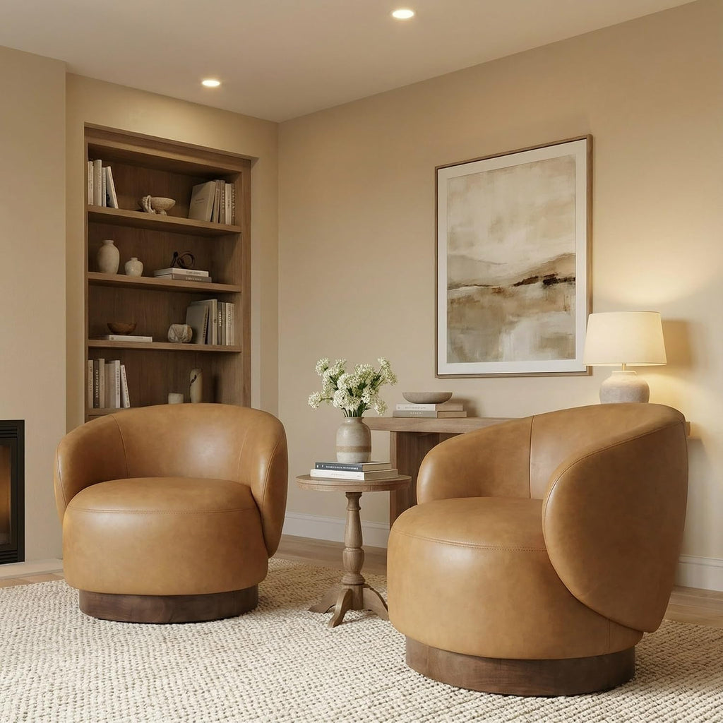 Swivel Barrel Accent Chair, Faux Leather, Brown, 2-Pack - Set of 2