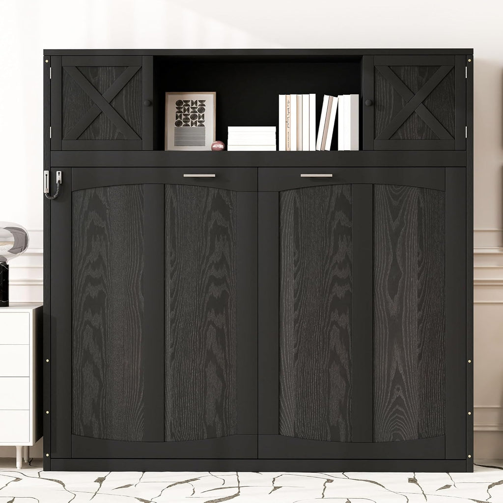 Full Horizontal Murphy Bed with Storage, Farmhouse Wooden Wall Bed with Cabinets and Bookcase, Space-Saving Foldable