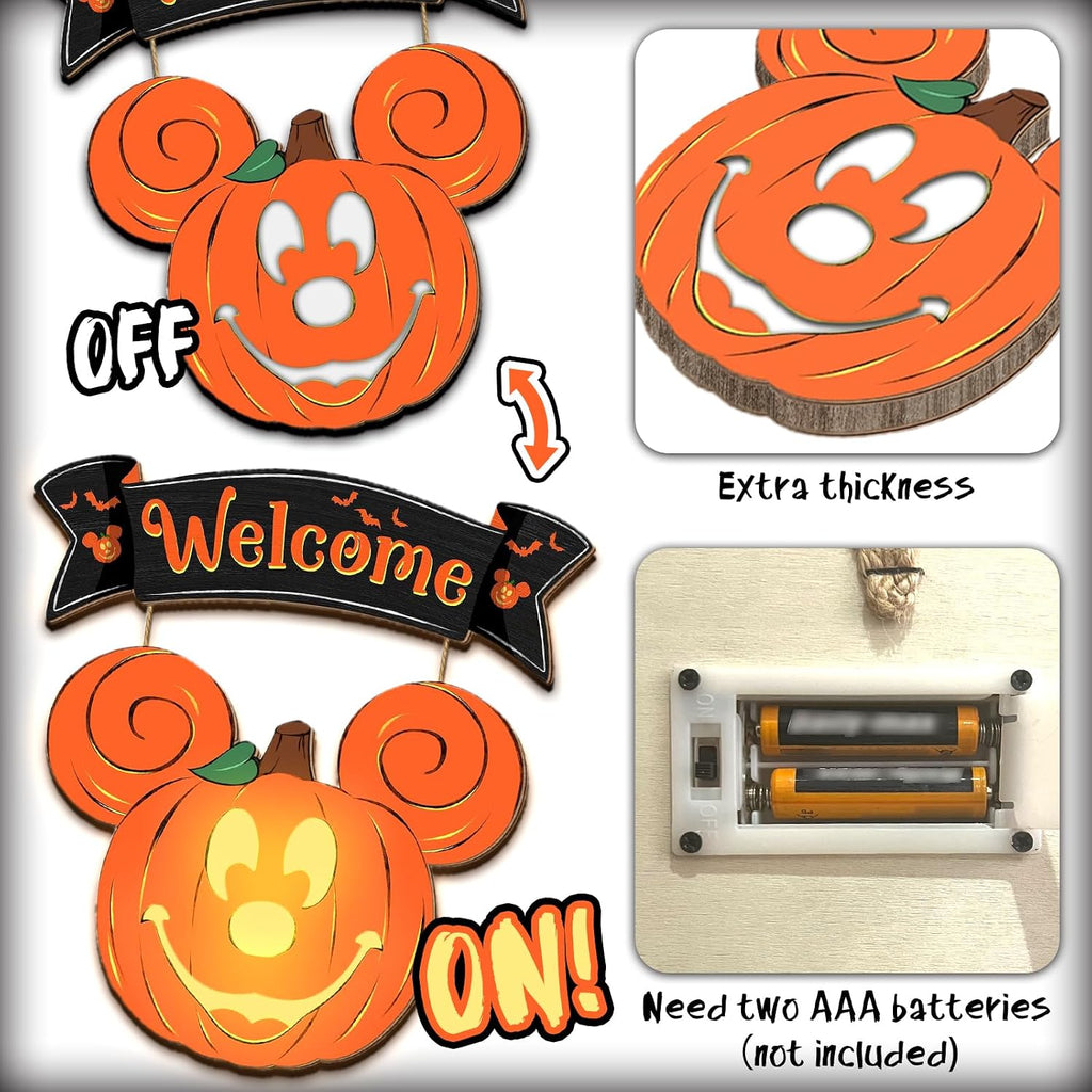 Halloween Mouse Pumpkin Wreath with Light for Porch Door Sign Decorations