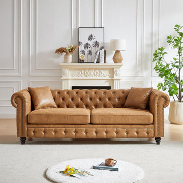 85.5 inch Modern Upholstered Chesterfield Tech Fabric 3-Seater Sofa, Brown