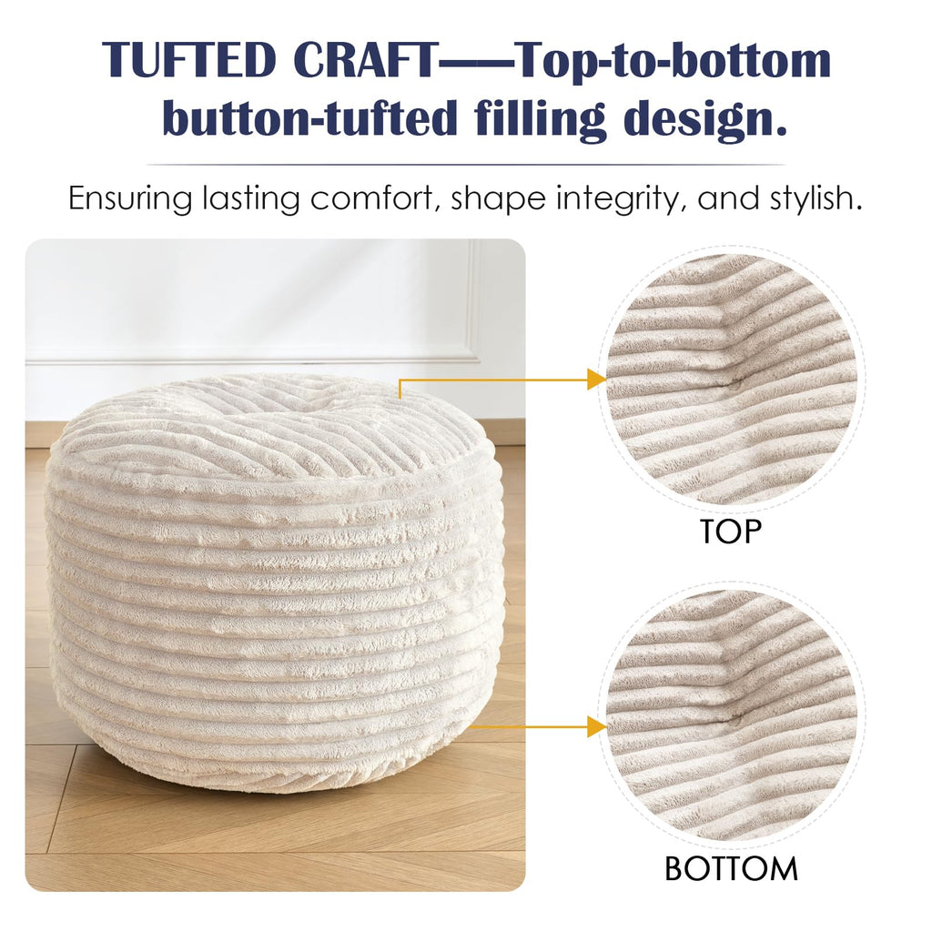 Stuffed Round Ottoman, Pouf Ottoman Foot Rest, 20 X 15, Beige