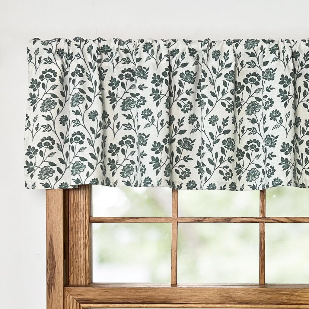 Farmhouse Linen Valance for Window with Vintage Botanical Print, 54W x 14L | Light Filtering Rod Pocket Kitchen