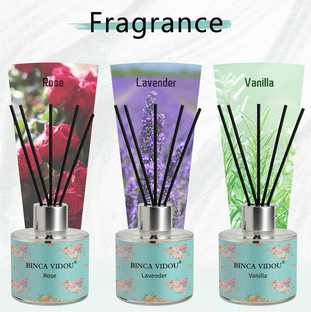 Reed Diffuser, Lavender, Rose, Vanilla Aromatherapy Oil Diffusers, Gift & Stress Relief, 50ml x 3 - Set of 3