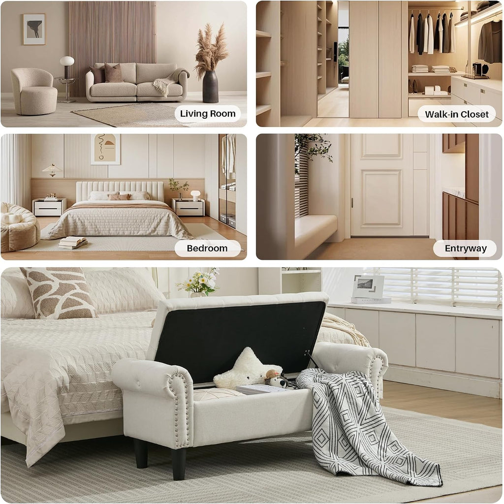 50" Storage Bench , Linen Upholstered, Beige | End of Bedroom Bed Bench Ottoman with Tufted Cushioned Rolled Arm
