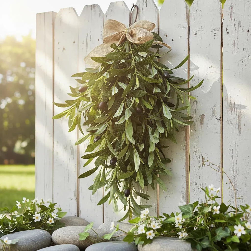 Premium 24" Artificial Olive Branch Teardrop Swag - Realistic Faux Greenery Wreath for Front Door, Wall, Home &