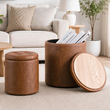 Leather Storage Ottoman Round, Foot Stool with Storage