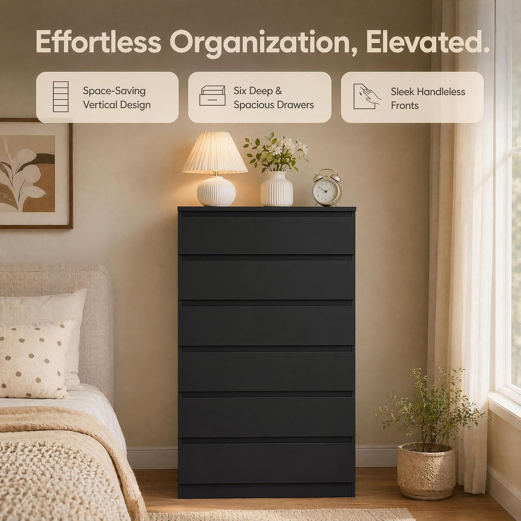 Black 6 Drawer Dresser ,Tall Modern Dressers & Chest of Drawers with Handle-Free Design,Wood Storage Dresser with