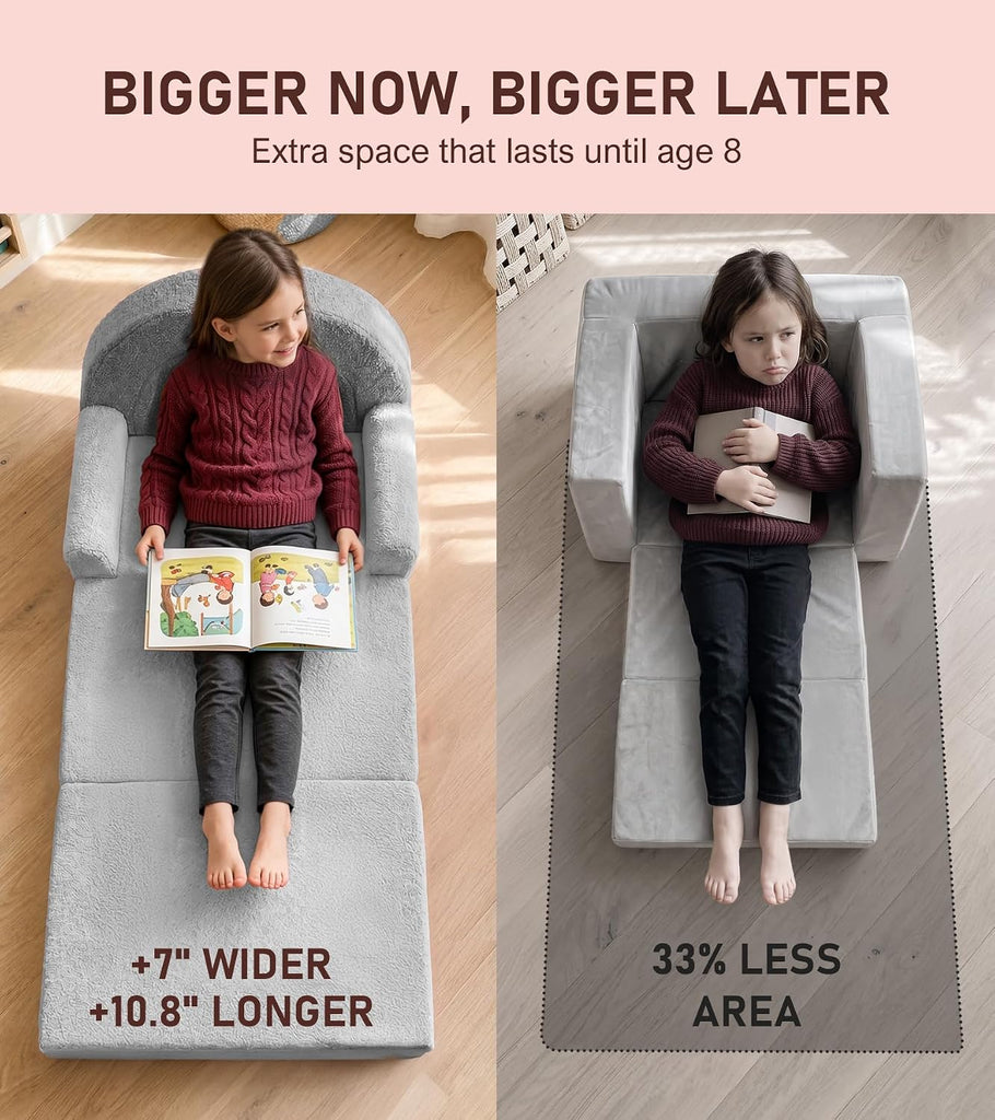 In-1 Extra Large Kids Couch Fold Out, Soft Kid Sofa for Playroom, Gray