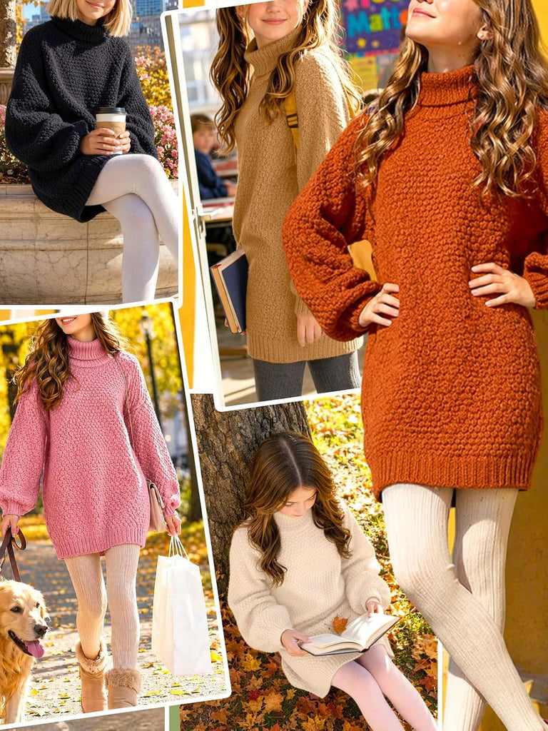 Turtleneck Knit Sweater Dress Lantern Balloon Sleeve Casual Loose Fall Winter Pullover Mini Dresses