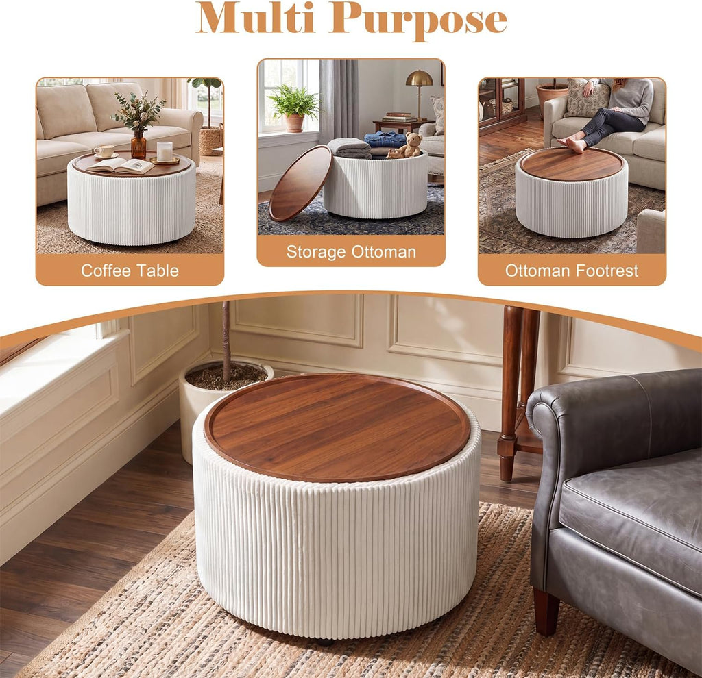 28" Round Storage Ottoman, Ottoman Coffee Table with Tray, Corduroy | Modern Ottomans with Storage with Anti-Slip