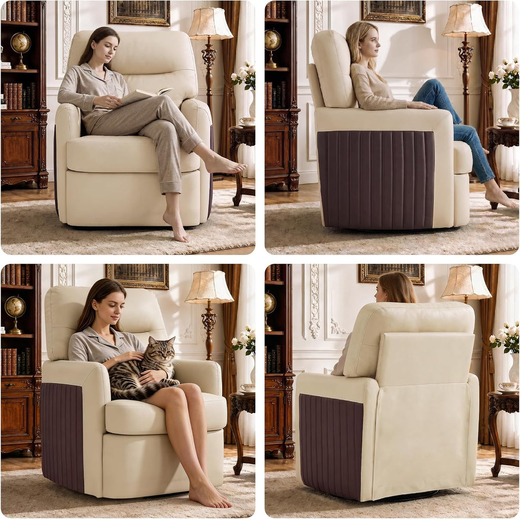 Swivel Leather Accent Chair, Oversized Mid-Century Living Room Chairs,Beige - Set of 2