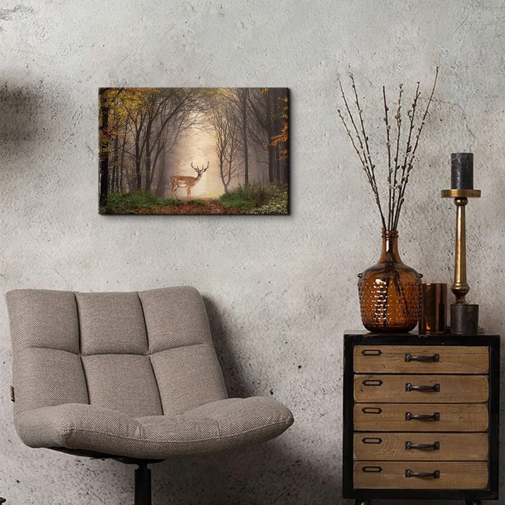 Wild Animal Landscape Canvas Wall Art Deer in Autumn Foggy Forest Picture Wall Decor Elk Wildlife Scenery Photo