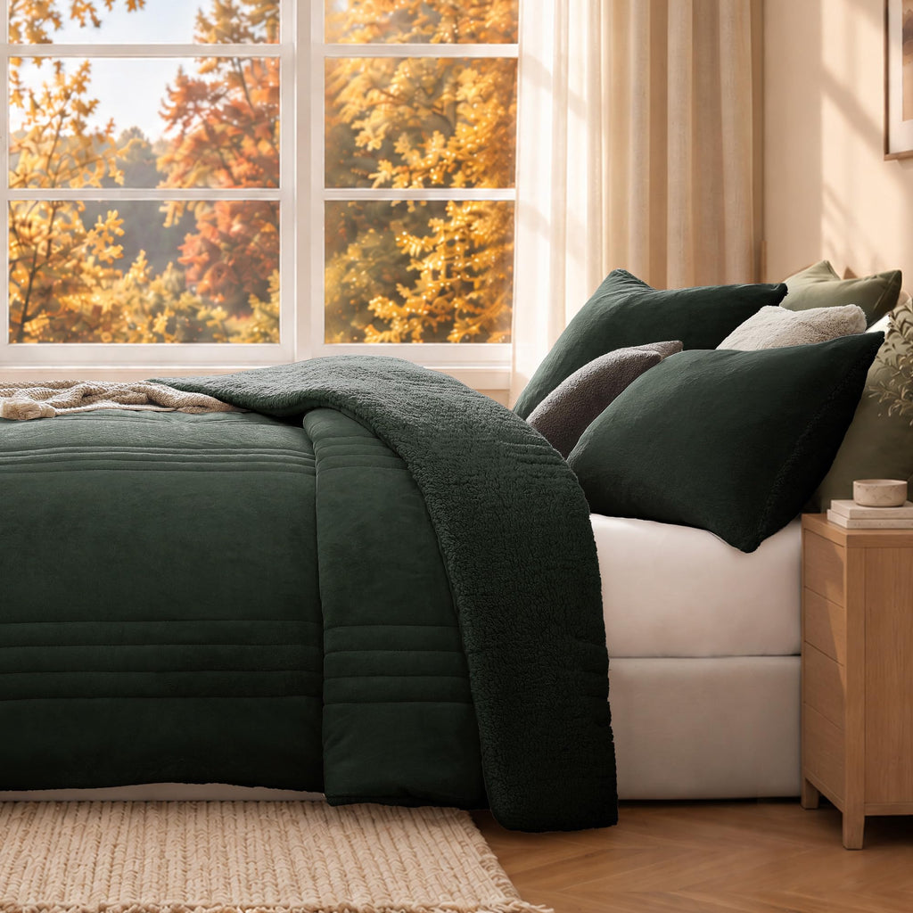 Comforter Sets Sherpa Fuzzy Bedding 3 Pieces, Deep Forest