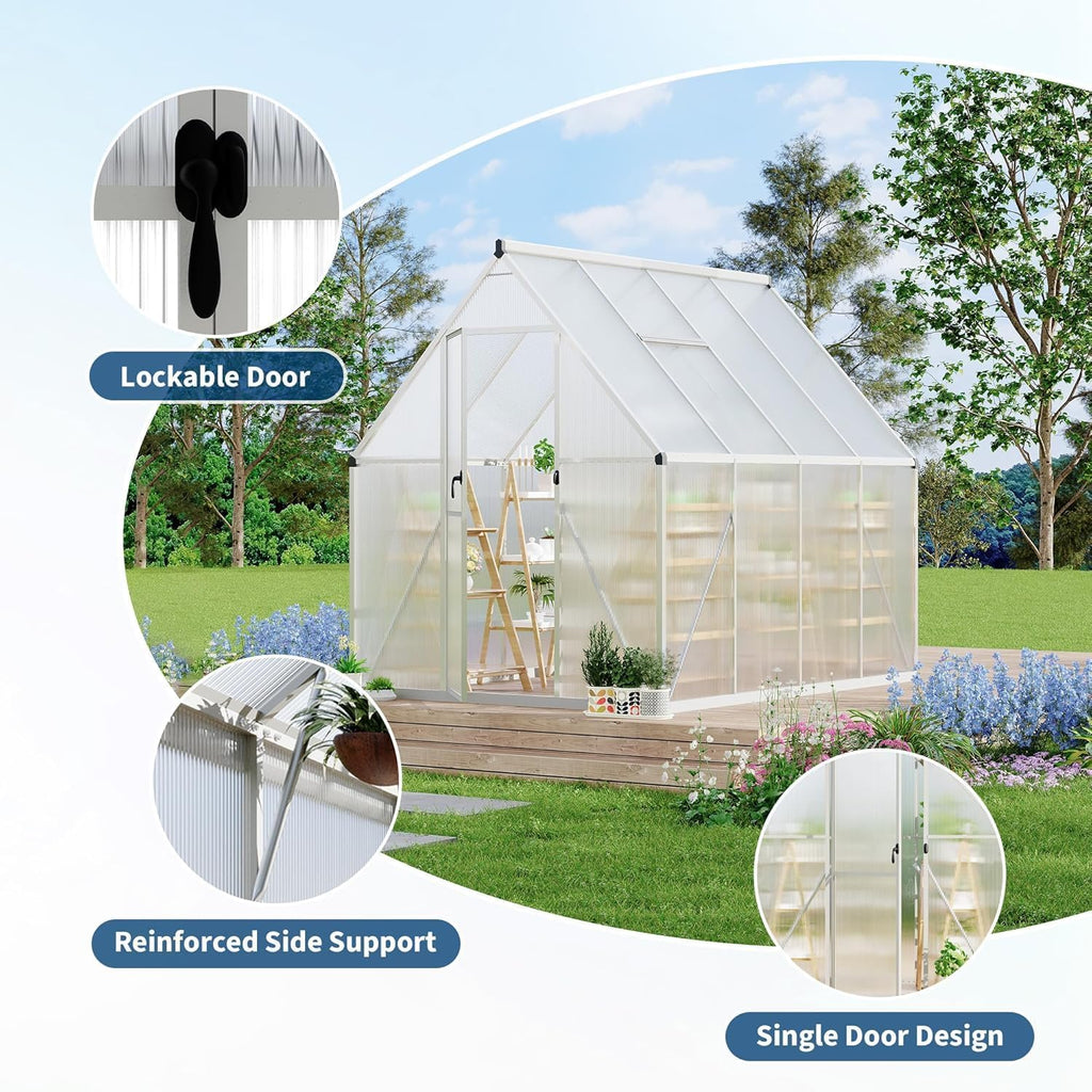 6 x 7 ft Outdoor Polycarbonate Greenhouse Kit, Heavy Duty Greenhouse with Reinforced Aluminum Frame, Adjustable Roof