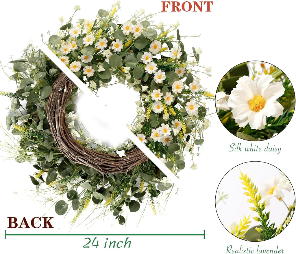 White Daisy Wreath 24 Inch with Fake Silk Floral Green Eucalyptus Leaves and Lavender for Spring Summer Front Door