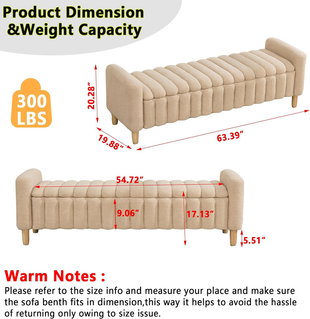 Teddy Ottoman Bench with Storage,63.4" Armed Long Storage Benches for Bed End King Size,Channel Tufted Bedside Bench