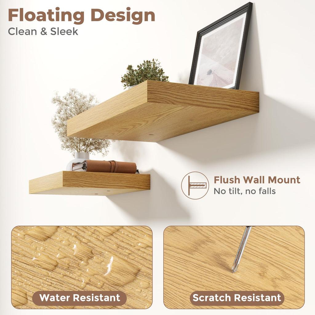 16 Inch Floating Shelves for Wall 2 Pack, 12"D Wood Gra Shelves