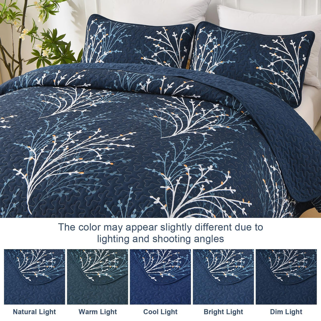 Navy Quilt Set Branch Botanical Bedspread Coverlet Set