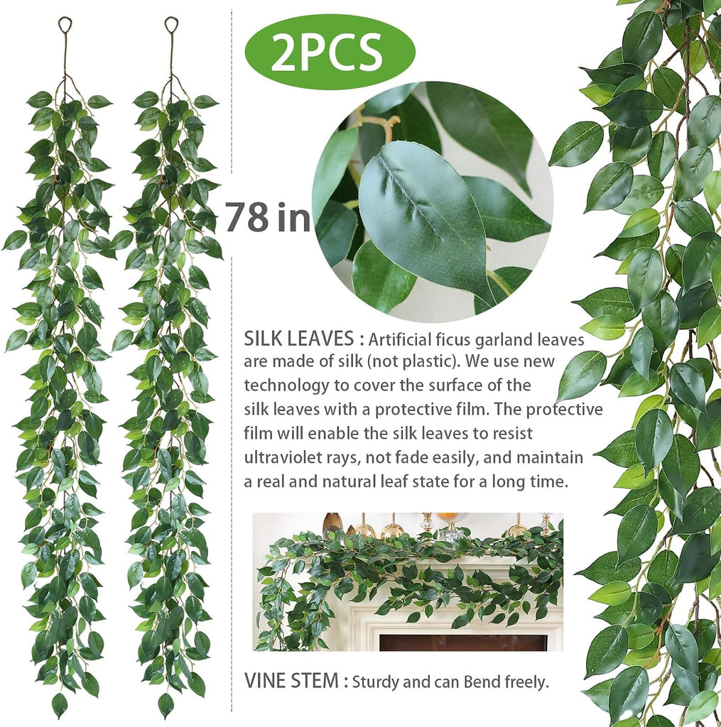 Strands Artificial Vines Ficus Garland 78" Fake Vine with Silk Green Leaves Faux Hanging Plants Greenery - Set of 12