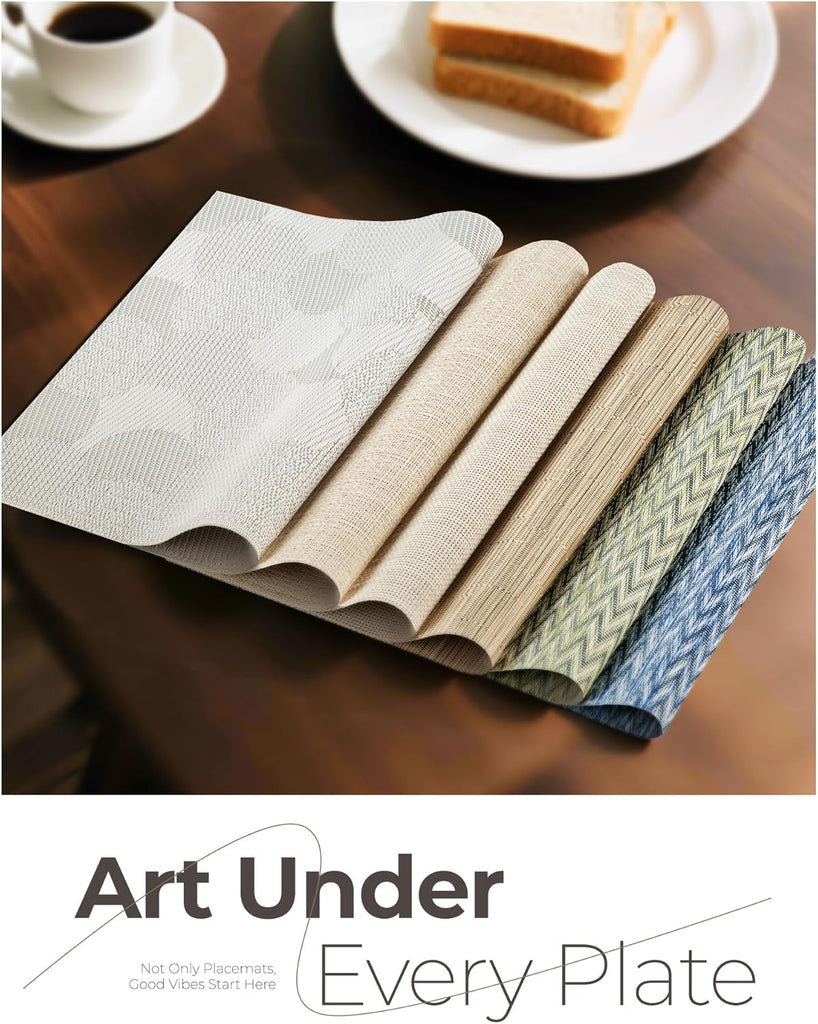 Woven Vinyl Beige Placemats - Linen Look & Easy to Clean - Set of 6