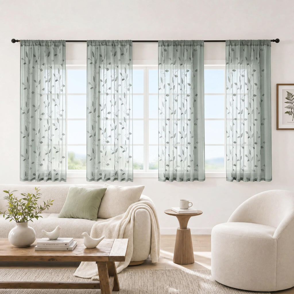 Sage Green Kitchen Curtains Leaf Embroidered, 52x54, 2 Panel