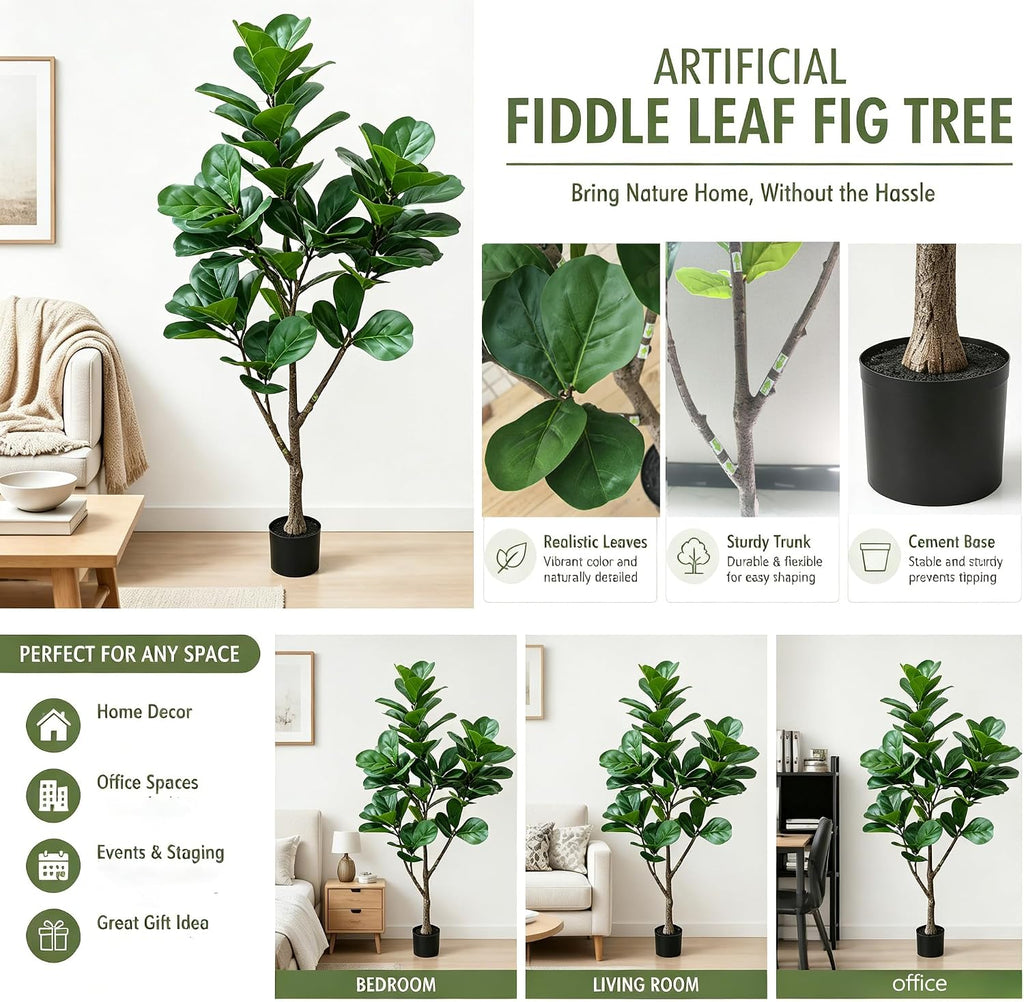 5ft Artificial Fiddle Leaf Fig Tree,Lifelike Indoor Faux Plant with Adjustable Branches,Easy Assembly,and Low