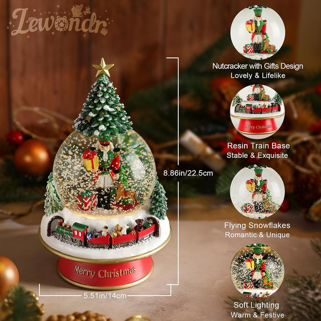 Christmas Snow Globe with Music and Light, Train Base & Nutcracker